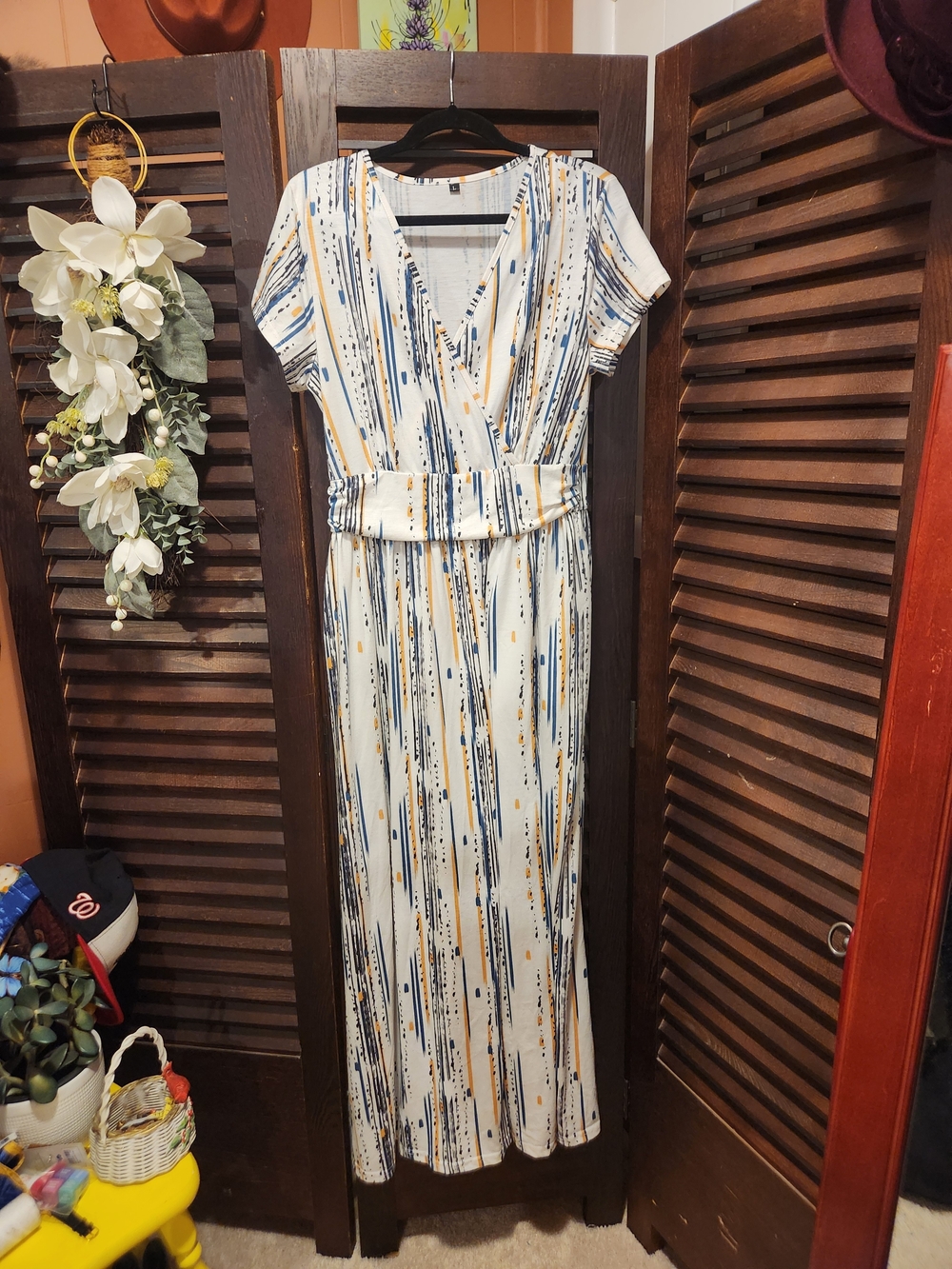 Striped Maxi Wrap Dress in White, Navy & Mustard